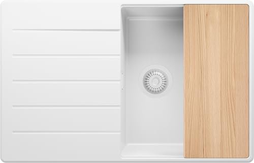 PRIMAGRAN Spülbecken ab 50er Unterschrank + Ablauf-Set, 78x50cm | Set: Ablauf-Set (Siphon, Ablaufgarnitur, Überlauf) + Schneidebrett + Granitspüle 1 Becken - Kopenhagen Top, Alles Weiß