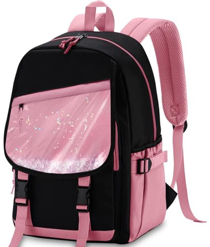VASCHY Schulranzen, 21L Schulrucksack Mädchen Kinder Teenager Wasserabweisend Leicht Schultasche Rucksack Schule,Schwarz Rosa