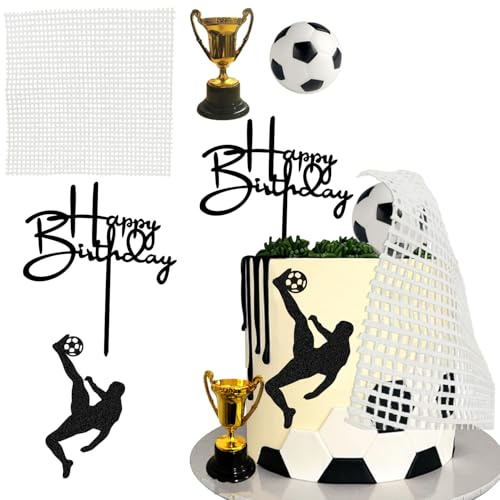 Football Cake Topper Soccer Birthday Decoration with Soccer Player Trophy Soccer Ball Net Set for Soccer Themed Birthday Party