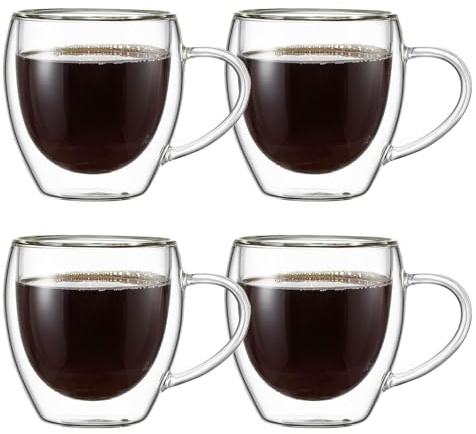 ERBO Espressotassen 80ml, 4er Set Espresso Gläser, Doppelwandige Espresso Tassen Set, Espressogläser mit Henkel, Espresso Glas, Espressotasse Kaffeetassen für Cappuccino,Latte Macchiato,Tee