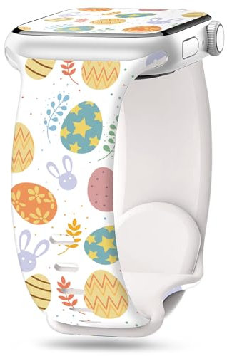 Aniaboho Kompatibel mit Urlaub Apple Watch 10 Armband 44mm 46mm 45mm 42mm 49mm, Ostern Damen Silikon iWatch Armband für Apple Watch Ultra 2 1 SE 10 9 8 7 6 5 4 3 2 1 Armband, Weiße Ostereier & Hasen