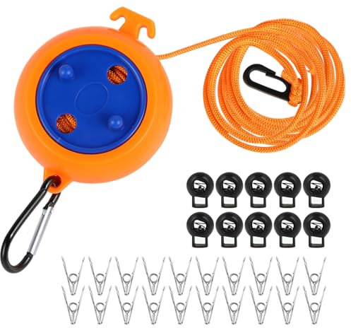 Tendedero Retráctil de 10 Metros - Cuerda de Tender Camping - Cuerda para Tender con 10 Hebillas Fijas y 20 Pinzas - Ideal para Vacaciones, Al Aire Libre, Viaje