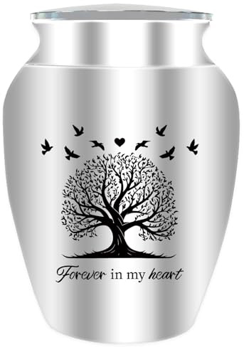 CREATCABIN Kleine Andenkenurne Lebensbaum Mini Urne Für Asche Aluminium Aschebehälter Beerdigung Einäscherung Eingraviertes Wort Mit Samtbeutel Gedenkgeschenk Für Papa 6.5x4.5cm Forever In My Heart