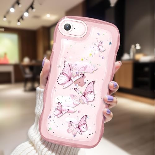 CASBST Compatible with iPhone SE/8/7 Case for Women Girls, Curly Wave Frame with Bling Glitter Butterfly Pattern, Full Camera Protection, Slim TPU Aesthetic Clear Phone Case for iPhone SE/8/7, Pink
