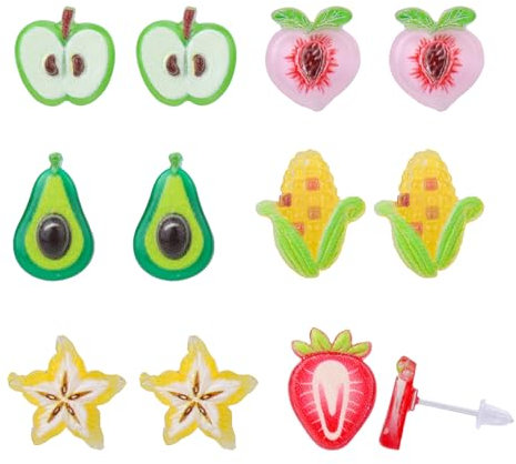 Mikovivi 6 Paar Ohrstecker mit Fruchtmotiv, Bezaubernde Kunststoffohrringe für Empfindliche Ohren Erdbeere Sternfrucht Mais Avocado Ohrschmuck für Damen