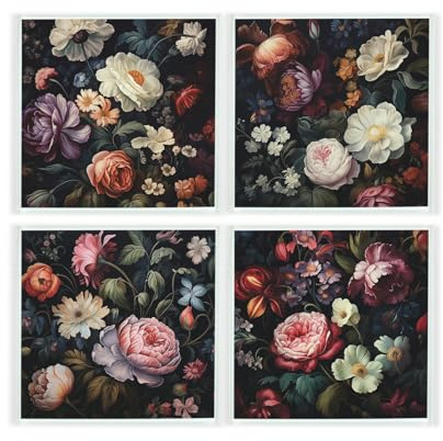 Dark Floral Glass Coaster Set - Gothic Homeware Gifts - Set of Four (4) Square Drinks Coasters