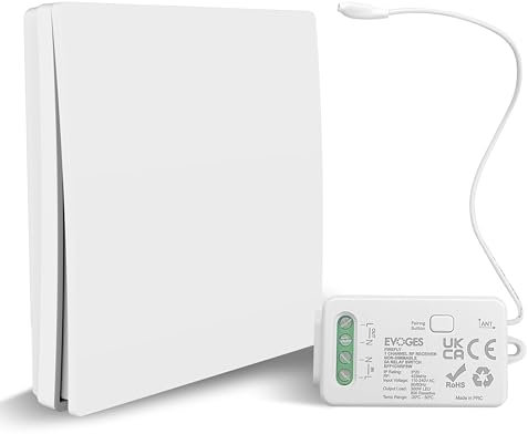 Evoges Firefly RF Kinetic Switch & Receiver Kit (Non Dimmable 5A Relay Receiver + 1 Gang Wireless Battery Free Light Switch, White)