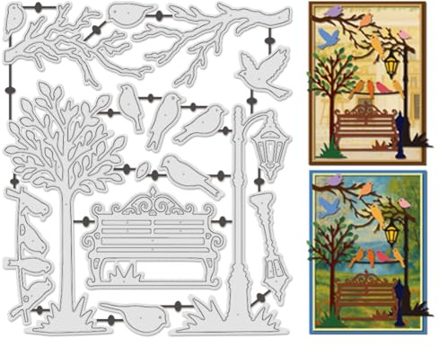 UNICRAFTALE 16 Stück Kleiner Vogel Metallstanzer Wiederverwendbar Für Kartenherstellung Zweig Bank Prägevorlagen Ausschneide Schablonen Park Hintergrund Schablonen Stanzer Für DIY Basteln Scrapbooking