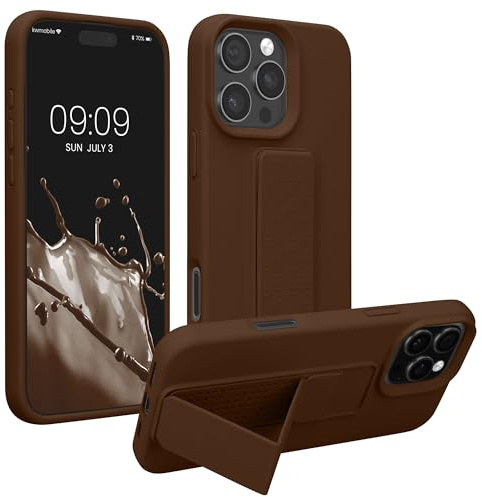 kwmobile Case for Apple iPhone 16 Pro Case - Soft TPU Cover with Silicone Coating - With Hand Strap and Stand Function - Shockproof - Chocolate