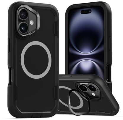 MobNano for iPhone 16 Case Compatible with MagSafe, Heavy Duty Military-Grade Protection, Dual-Layer Shockproof Cover with Lens Kickstand, Raised Edge, Full-Body Protective Phone Case - Black