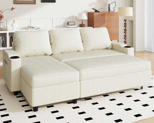 JUMMICO Canapé Convertible, Canapé d'angle Convertible avec Rangement, Canapé Lit avec Accoudoirs canapé 3 Places Multifonctionnel pour Salon, Bureau et Petit Appartement (Beige)