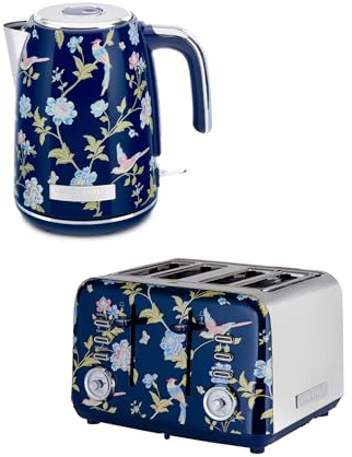 Laura Ashley Elveden Navy 1.7L Electric Kettle and Toaster Sets 4 slice - Energy Efficient Fast Boil Stainless Steel Kettle - Wide Slot Toaster 4 Slice with Defrost, 7 Browning Settings & Warming Rack