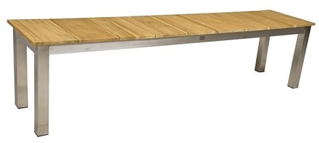 DELUKE Gartenbank Greta ohne Rückenlehne 180cm Breit Teak Natur Edelstahl | Terrassenbank Wetterfest Sitzbank Outdoor Bank