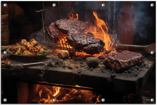 Wallario Outdoor-Poster für Garten oder Balkon Urige Grillkunst: Steakschmiede, Motivbanner Größe: ca. 80 x 120 cm, Outdoor-Bild
