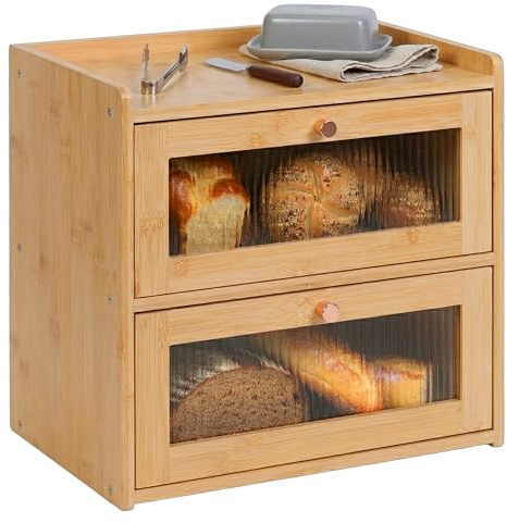 Relaxdays Brotkasten Bambus, 2 Etagen, Brotlade mit Sichtfenstern, Klapptüren, HBT: 34 x 36,5 x 24 cm, Brotbox, Natur