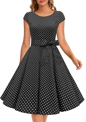 Dressystar Damen Vintage 50er Cap Sleeves Dot Einfarbig Rockabilly Swing Kleider Schwarz Weiß Dot A M