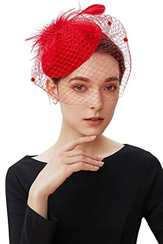 Coucoland Fascinators 1920 Fascinator Hut Damen Feder Blumen Mesh Elegant Hochzeit Fascinator Haarreif Cocktail Tee Party Accessoires (Rot)