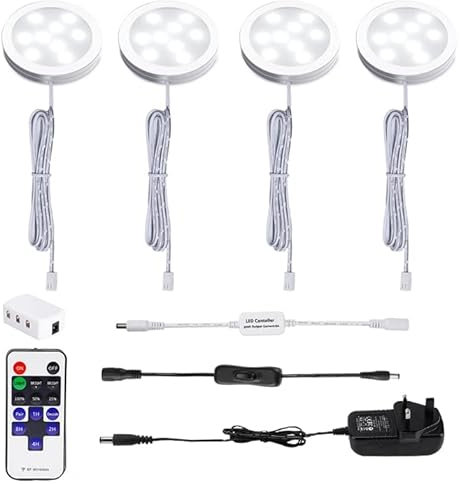 AIBOO LED Under Cabinet Kitchen Lights Plug in Wired 4 Pack with Remote,Daylight White Dimmable Under Cupboard Kitchen Lights Mains Powered,Under Counter Light Display for Closet Showcase Wardrobe