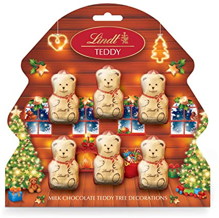 Lindt Milk Chocolate Teddy Gold Christmas Tree Decorations | Contains 6 Teddies, 60g | Stocking Filler for Him and Her | Gift Present for Adults and Kids