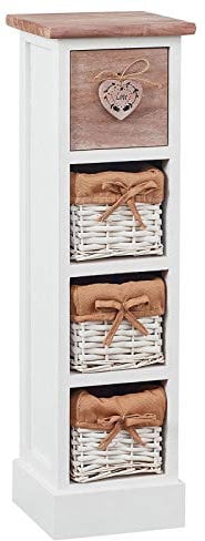 IDIMEX Chiffonnier Flower H 70 cm en Bois Massif Blanc et Brun 1 tiroir et 3 paniers Commode Petit Meuble de Rangement Haut pour Chambre ou Salle de Bain