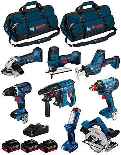 BOSCH Kit 18V BK802BAG (GDX 18V-180 + GSR 18V-60 C + GBH 18V-21 + GKS 18V-57 + GST 18 V-LI S + GWS 18-125 V-LI + GLI 18V-300 + GSA 18 V-LI C + 3 Baterías de 5,0 Ah + Cargador + 2 Bolsas)