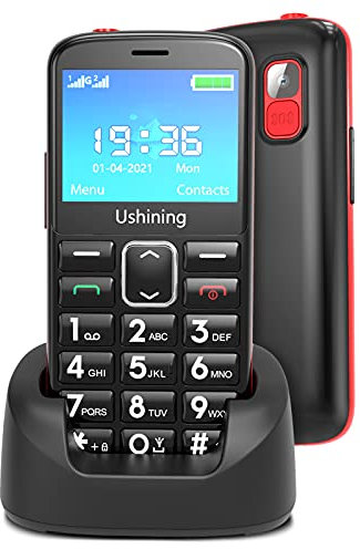 USHINING Handy für Senioren, Handy mit großen Tasten, hohe Lautstärke, SOS-Funktion, Ladestation, Hörgeräte Kompatibilität - Schwarz