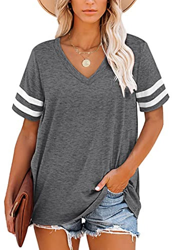 MOLERANI Womens Tops Short Sleeve V Neck Oversize Summer T Shirts Casual Loose Tee Grey Size 14-16