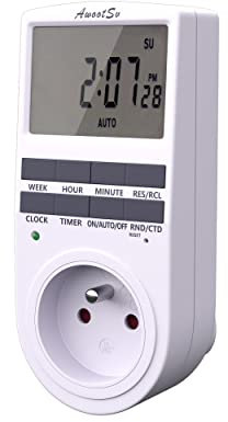 Awootsv Programmateur Prise Électrique et Digitale, with LCD écran avec Compte à rebours Minuterie Numérique Journalier/Hebdomadaire Programmateur Prise 18 Programmes (1 Pack)