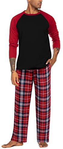 ADOME Schlafanzüge für Herren Lang Pyjama Set Winter Schlafanzug Kariert Langarm Langehose mit Tasche Hausanzug, Rot+Schwarz, M