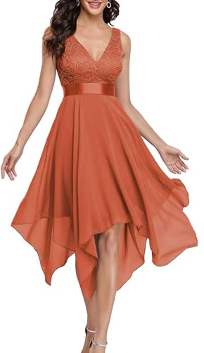 Ever-Pretty Robe de Cocktail Asymétrique au Genou Femme Double Col-V sans Manche en Dentelle Mousseline de Soie Orange Brûlée 54