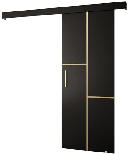 KRYSPOL Schiebetürsystem Salwador 7 Komplett-Set für Schiebetüren, Trennwände Innentüren, Modern Design (schwarz matt/Gitter: schwarz matt/Griff und Streife: Gold)