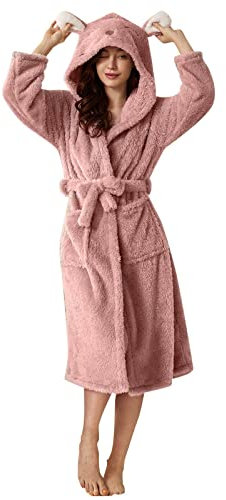 2023 Neu – Damen Doppeltasche 3D Ohr Kapuze Flanell Bademantel Weich und Warm Doppelseitiger Samt Bademantel Pyjama und Home Wear Fuzzy Robe für Frauen, rose, 46