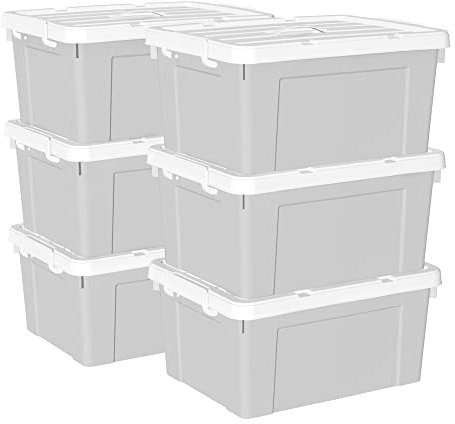 Cetomo 45 l x 6 Kunststoff-Aufbewahrungsbox, Tragetasche, Organisationsbehälter mit robustem Deckel und sicheren Verriegelungsschnallen, stapelbar und stapelbar, 6 Stück, grau mit Schnalle