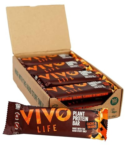 Vivo life Plant Protein Bars - High Protein, Nutrient dense, Slow Release Energy - 12 x 65g Pack (Cacao Orange)