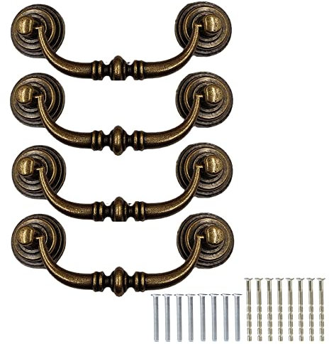 4 Stück Schubladengriff Antik Möbelgriffe mit Schrauben Pull Down Haken Retro Dekorative Türgriff 12.5 cm Küchen Schrank Hardware, Messing