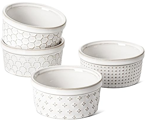 LE TAUCI Ramekins Oven Safe 180 ml, 4 Set Ramiken for Creme Brulee 10 cm | Emobssed Baking Dishes for Creme Brulee, Souffle, Small Sauce Bowl Ceramic Baking Dishes, Oven Dishwasher Microwave Safe