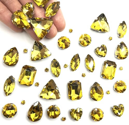 Yixinly 236 Stück Strasssteine zum Aufnähen, Große Strasssteine zum Nähen mit Krallen, Metall Krappenfassung Glas Nähen Edelsteinefür DIY-Bastelkleidung, Kleidungs, Schuhe, Taschen (Gold)