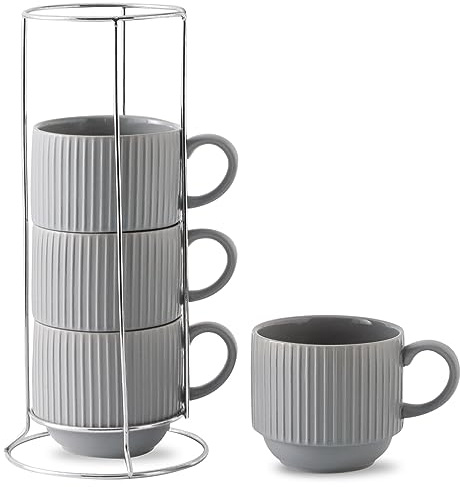Hasense Coffee Mugs Set, Stacking Tea Cups Set of 4 with Holder - 15 oz Large Ceramic Ribbed Latte Cup Set for Cappuccino, Tea, Hot Cocoa, Drinks - Dishwasher & Microwave Safe, Grey