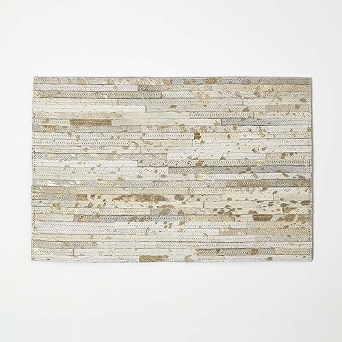 HOMESCAPES Creme-graues Leder-Tischset 4er-Set 46x30 cm gold-gesprenkelt, Patchwork-Streifen Platzsets aus Leder mit Fell