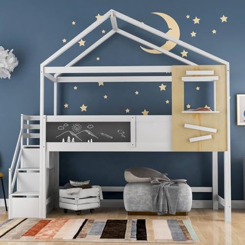 Sweiko Lit Cabane, Lit Mezzanine avec Escaliers de Stockage, Lit de Rangement avec Sommier à Lattes, Cadre de Lit, Chambres à Coucher, Pin, Blanc(sans Matelas)