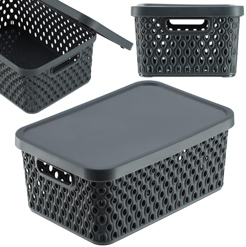 KADAX Aufbewahrungskorb, Korb mit Deckel, Aufbewahrungskiste, Aufbewahrungsbox aus Plastik, Moderner Regalkorb, Behälter mit Lüftungslöchern (4,5L, Grau)