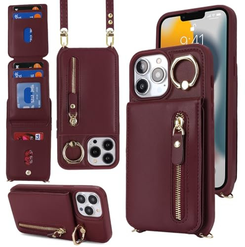 Zouzt for iPhone 13 Pro Case with Card Holde with 7 Card Slot 1 Zipper Wallet iPhone 13 Pro Girls Case with Cord Lanyard Ring Adjustable Necklace Phone Cover Women-Burgundy