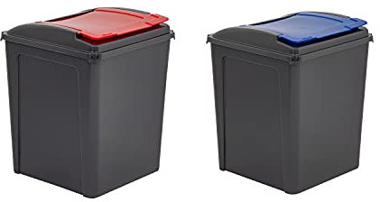 (Set of 2) 50L Litre Recycle Bin Plastic Indoor/Outdoor Recycling Waste Bin With Colour Coded Flap Lid Kitchen Garden Rubbish Bin Dustbin Trash Can Refused Bins Office Commercial Bins (Red & Blue)