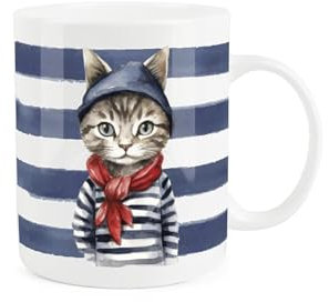 Purely Home Sailor Cat Mug - Blue Nautical Stripes Novelty Gift/Present for Cat Lovers - Tea/Coffee White Bone China Mug