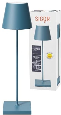 SIGOR Nuindie 2.0 - Dimmbare LED Akku-Tischlampe Indoor & Outdoor, IP54 spritzwassergeschützt, Höhe 38 cm, aufladbar mit USB-C, 12 h Leuchtdauer, delfinblau