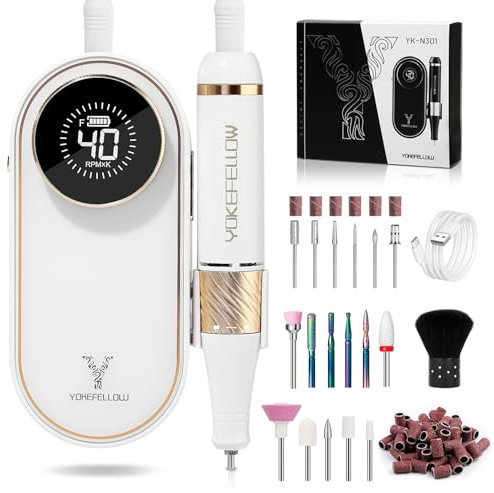 Yokefellow 40000 RPM Cordless Nail Drill, Rechargeable Portable Nail File for Acrylic Nails, 17 Drill Bits, Ideal for Beginners & Home Use,UK