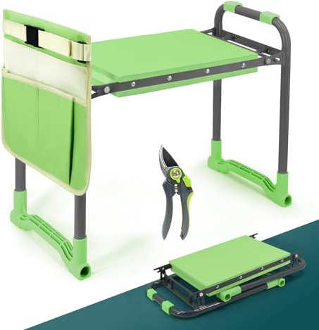 Byhagern Foldable Garden Kneeler and Seat – 2-in-1 Gardening Stool with a Tool Storage Pouch, Lightweight and Portable for Elderly, Outdoor, Lawn Care (Green)