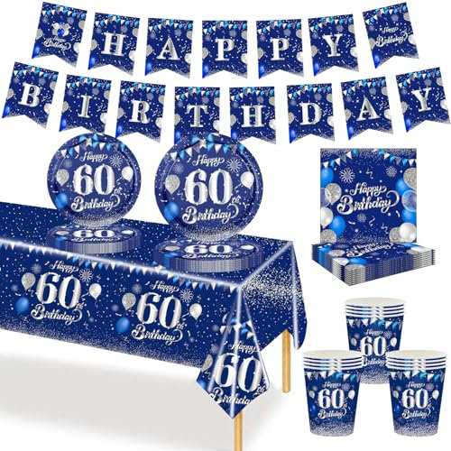 MORAINJAY 70P 60th Birthday Tableware - Navy Blue, 60th Birthday Cups, Plates, Napkins, Tablecloth, Paper Banner - Table Decoration Set for 16 Guests