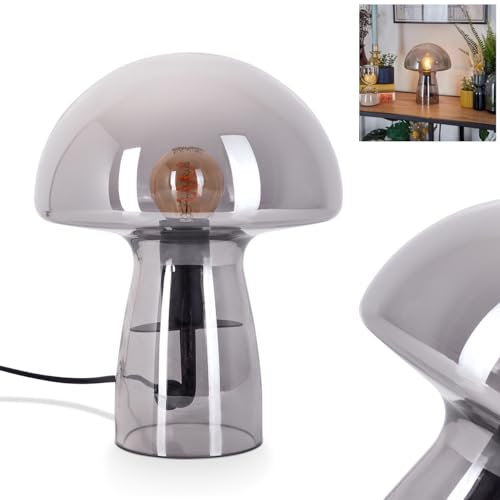 Lampe de table Almagre, en métal/verre noir/couleur fumée, lampe au design moderne vintage/rétro avec abat-jour en verre (Ø 18 cm) et interrupteur marche/arrêt sur le câble, 1 x E14, sans ampoule