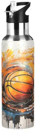 Niigeu Ballon De Basket Sport Aquarelle Bouteille d'eau Isotherme avec Paille en Acier Inoxydable Gourde, Sans BPA Gourdes Eau pour Enfant Sport Randonnée École Bureau (600ml/1L)